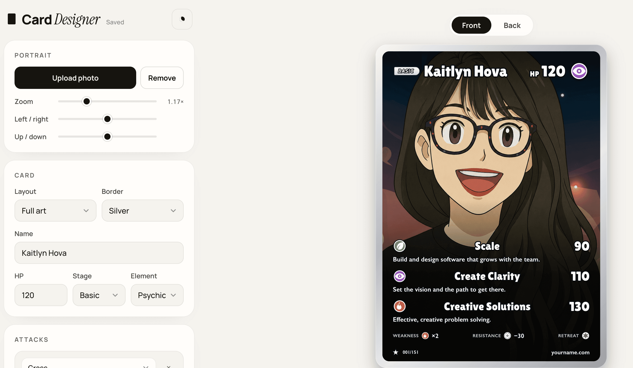 The Card Designer editor: portrait, card, and attack fields in a side panel on the left, and a full-art holofoil card of Kaitlyn Hova on the right with three attacks, Scale, Create Clarity, and Creative Solutions