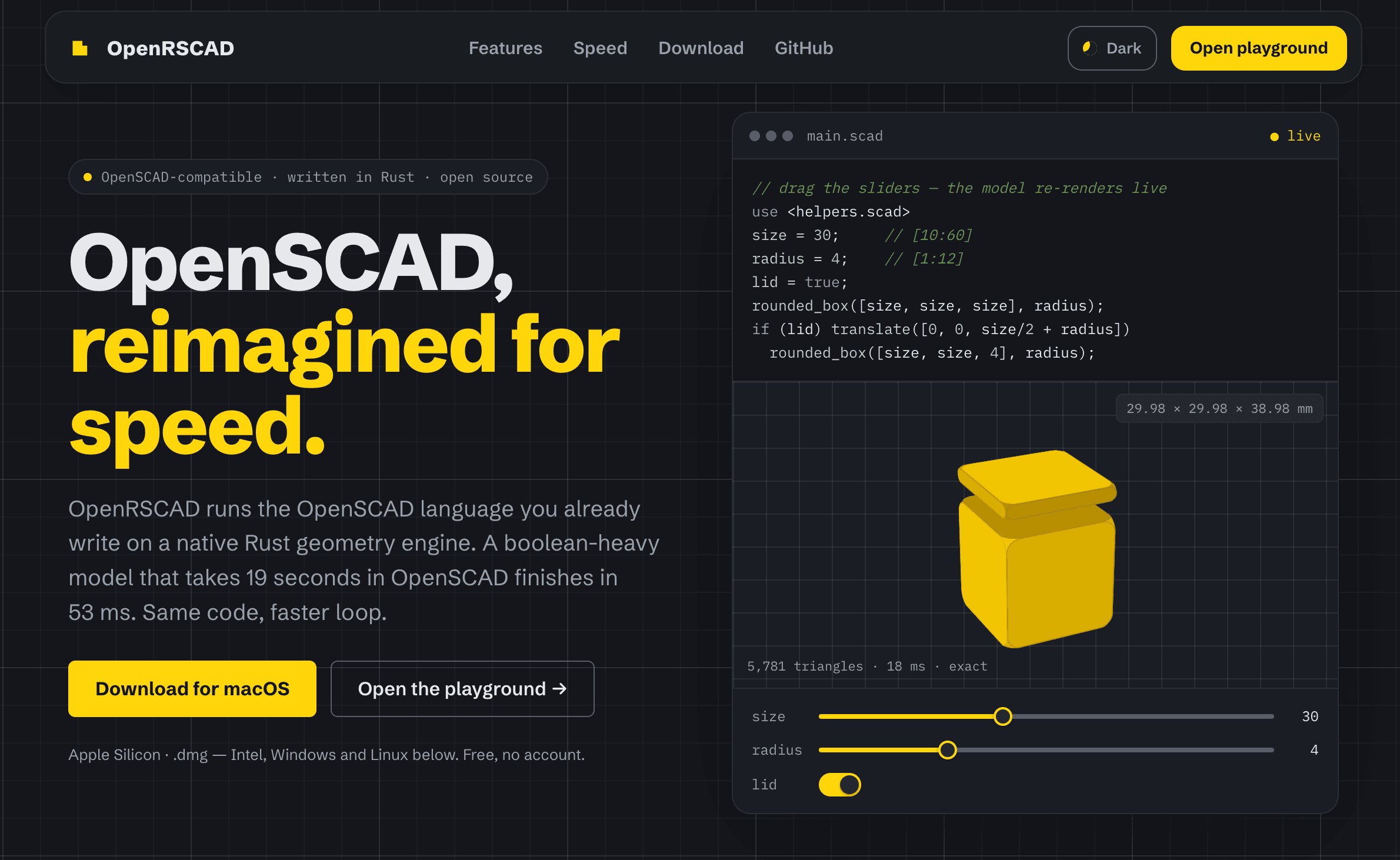 OpenRSCAD landing page with a live playground rendering a rounded box with a lid