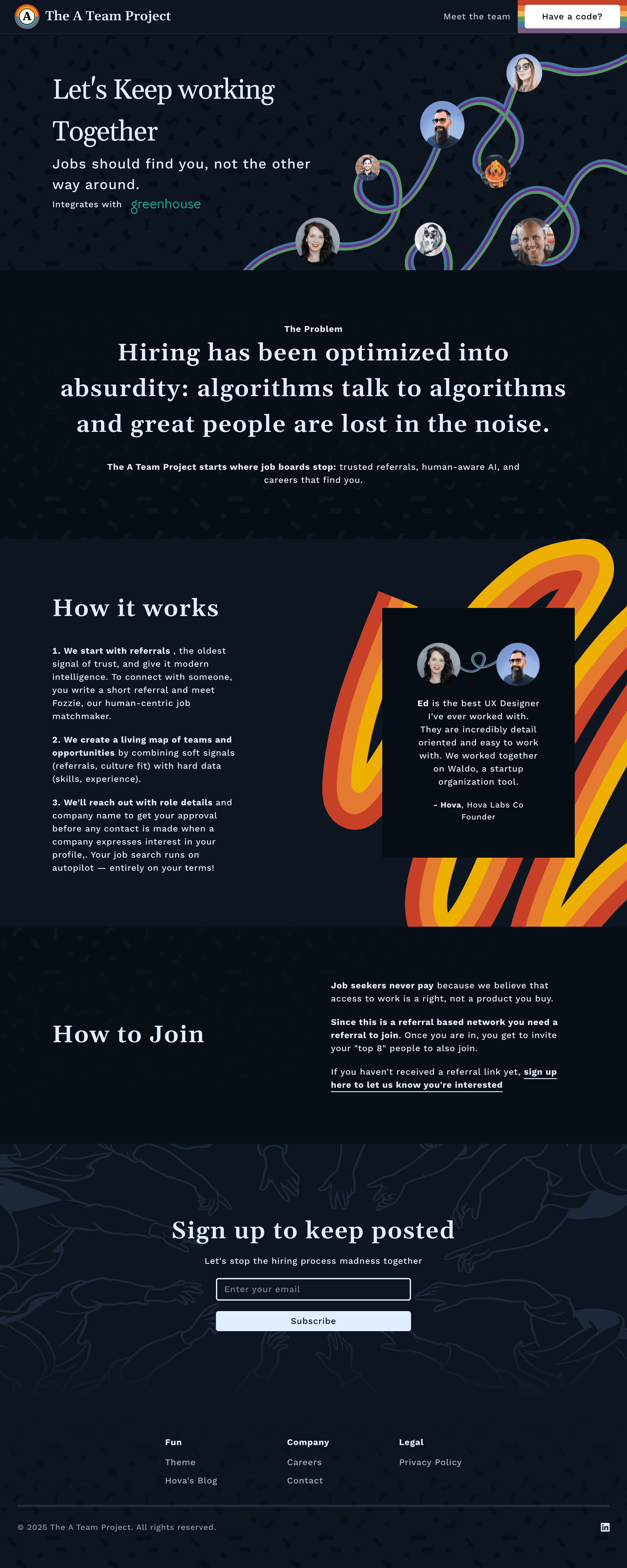 The A Team Project dark mode home page