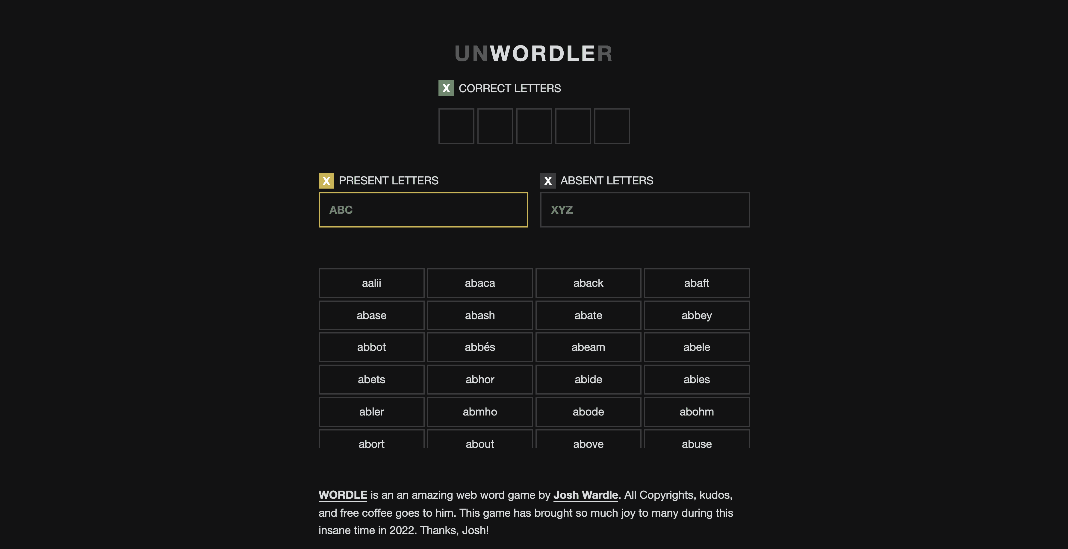 Dark theme screenshot for UNWORDLER