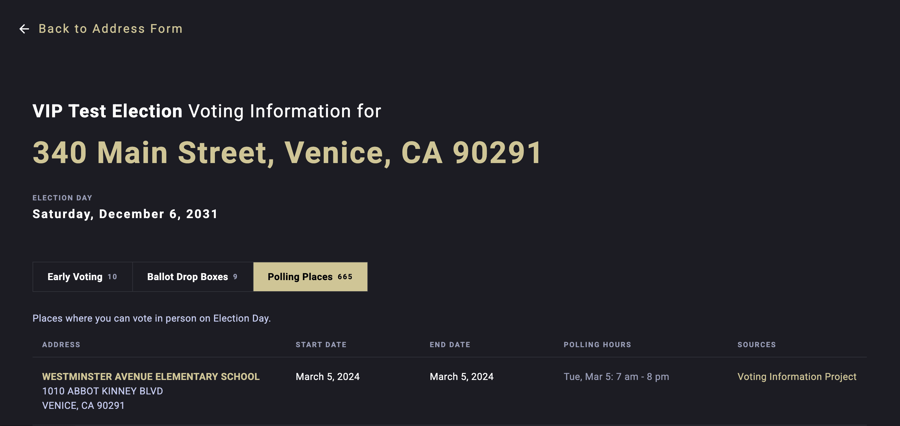 Vote by Address search page